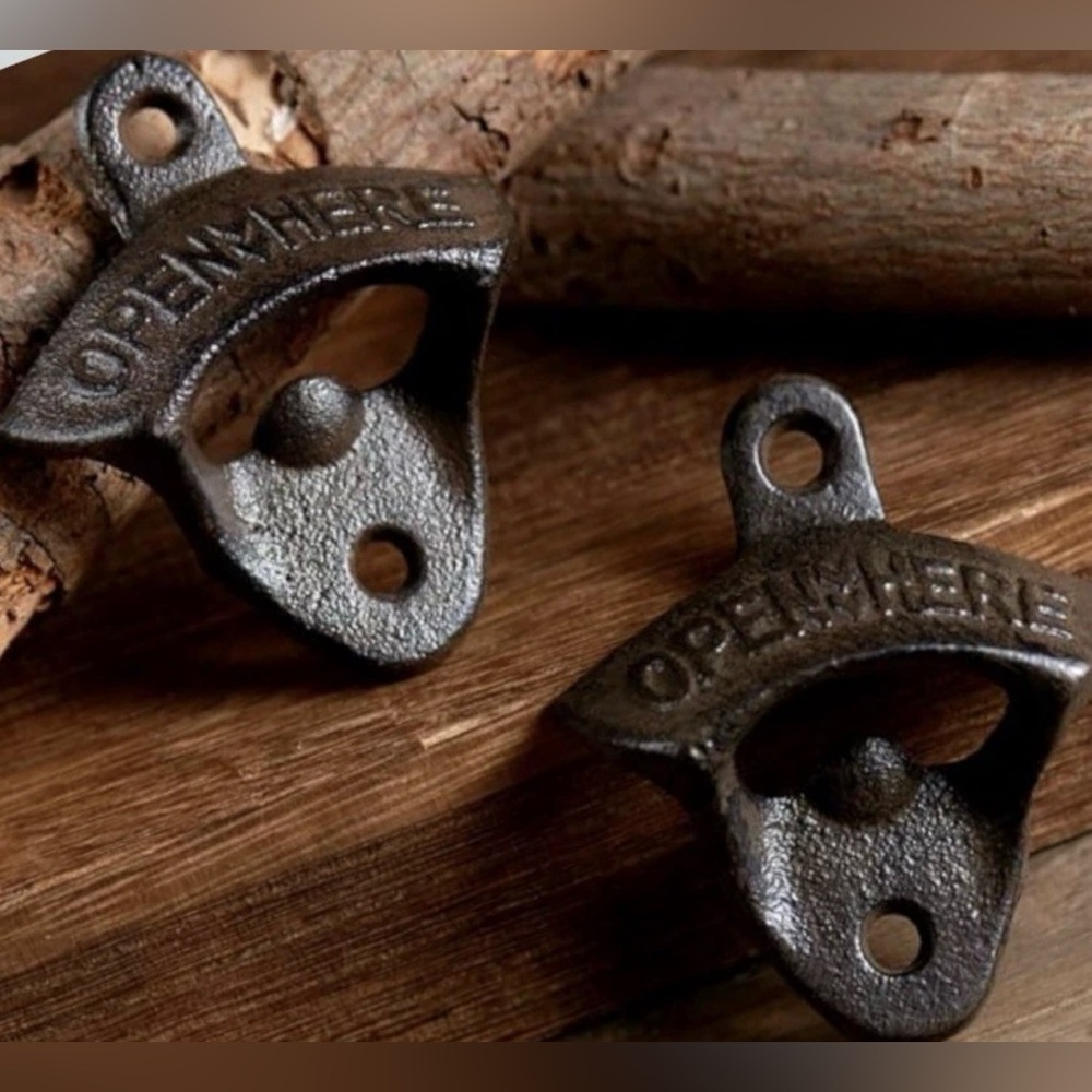 2 Vintage Cast Iron “open here” Bottle Openers wall mount